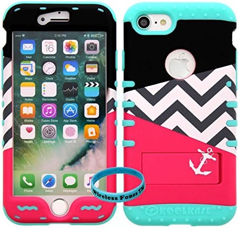 iPhone 7 Case, Hybrid Tough Armor Shockproof Impact Kickstand Cover Color Block Anchor Chevron Over Skin for iphone 7 - Wireless Fones TM Wristband Included. (c block anchor chev/bteal)
