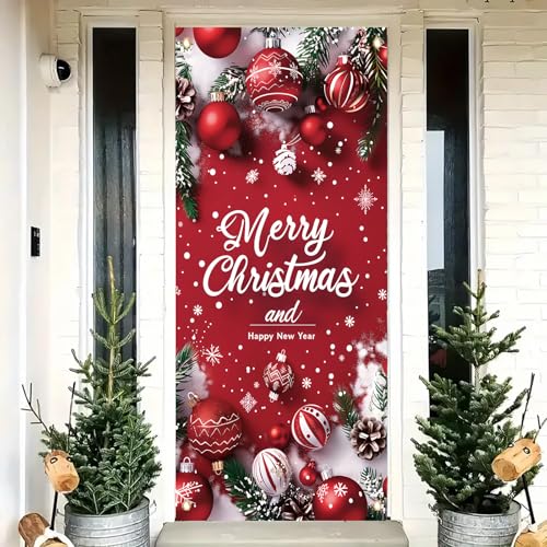 Saoplasa Merry Christmas Door Banner 35x71 Inch Red Christmas Front Door Cover with Snowflakes and Lettering for Xmas Winter Seasonal Holiday Party Porch Wall Hanging New Year Entryway Decoration
