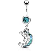 Mother of Pearl Inlay Crescent Moon and CZ Stars Dangling Belly Ring (Silver Tone)