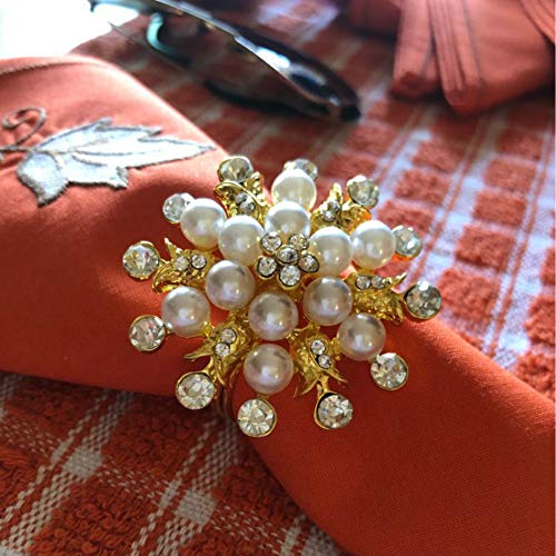 Joyindecor Napkin Rings Set of 6-Flower Pearl Rhinestone Napkin Ring Holder for Wedding Party Home Kitchen Dining Table Linen Accessories (Golden)