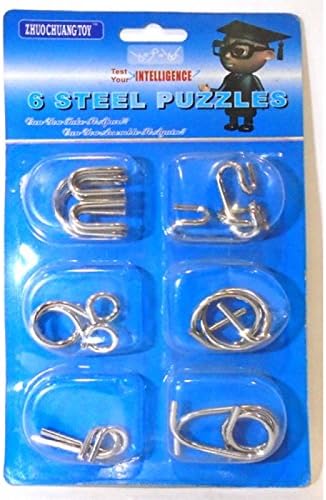 R.S.Magic Tricks Stainless Steel Metallic Intellectual IQ Test Mind Game Toy Puzzle Set (Silver) - Pack of 6
