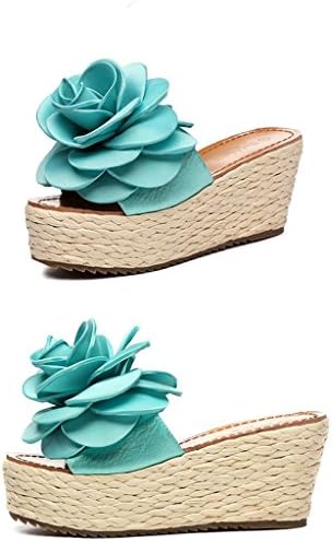 BaiLing Women's summer slippers / Wedge Heel handmade knitted straw waterproof / Beach big flowers small size female sandals shoes , Blue , CN36