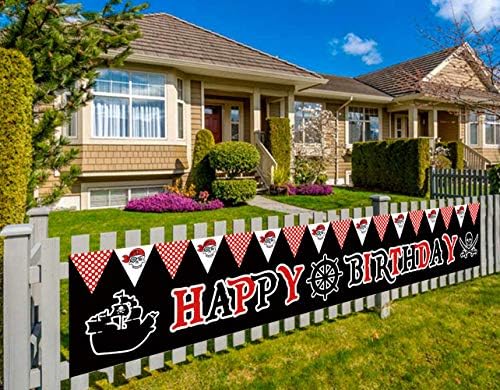 Colormoon Large Pirate Happy Birthday Banner, Pirate Birthday Party Decoration Supplies, Pirate Theme Birthday Party Photo Backdrop Hanging Decorations (9.8 x 1.5 feet)