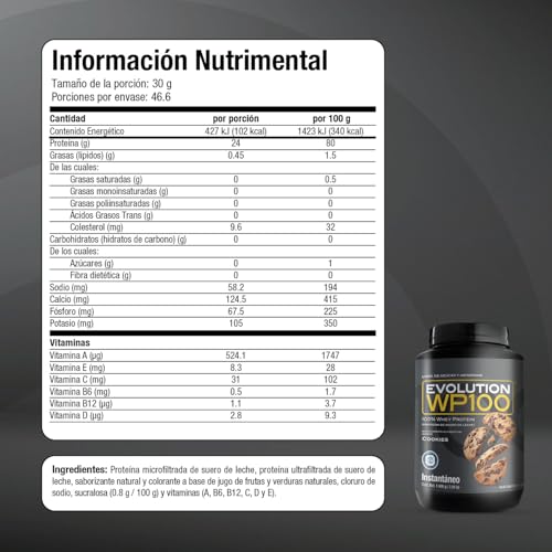 EVOLUTION, Proteína de Suero de Leche, WP100, Whey Protein, 18 Aminoácidos, Sin Gluten, Sugar Free, Post Workout, Sabor Cookies, 46.6 Porciones, 1400g