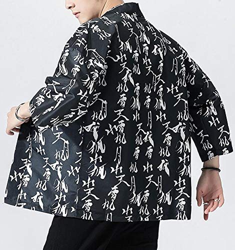 Hotmiss Men's Kimono Cardigan Jacket Japanese Style Flying Crane Seven Sleeves Open Front Coat (Pure Black, X-Large)