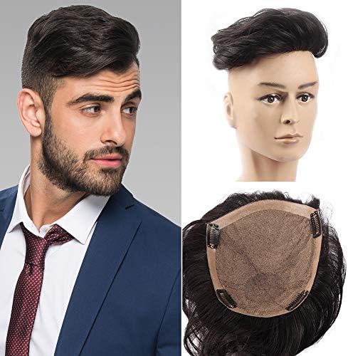 Rainbow Snow Natural Colour Human Hair Toupee with Clips for Men Brazilian Virgin Human Hair Topper for Male Skin PU Around Mono Net Top (7x8 Inch (18x20cm))