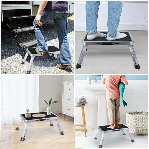 Folding Steel Stool, Portable Folding Stool with Non-Slip Thick Rubber Step, 150 kg Load-bearing, 3 Steps Folding Ladder for Camper, Kitchen, Office