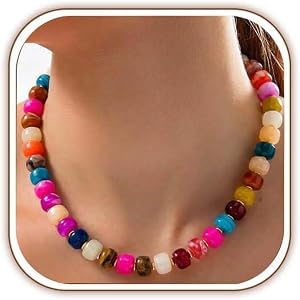 AGHTLZX Chunky Beaded Necklace for Women, Colorful Rainbow Resin | Boho Choker Collar, Statement, Summer Beach Jewelry, Trend
