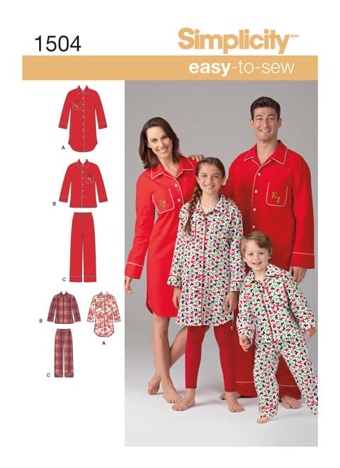 Simplicity 1504 Child's, Teen's and Adult's Matching Pajama Sewing Patterns, Children's Sizes XS-L and Adult's Sizes XS-XL