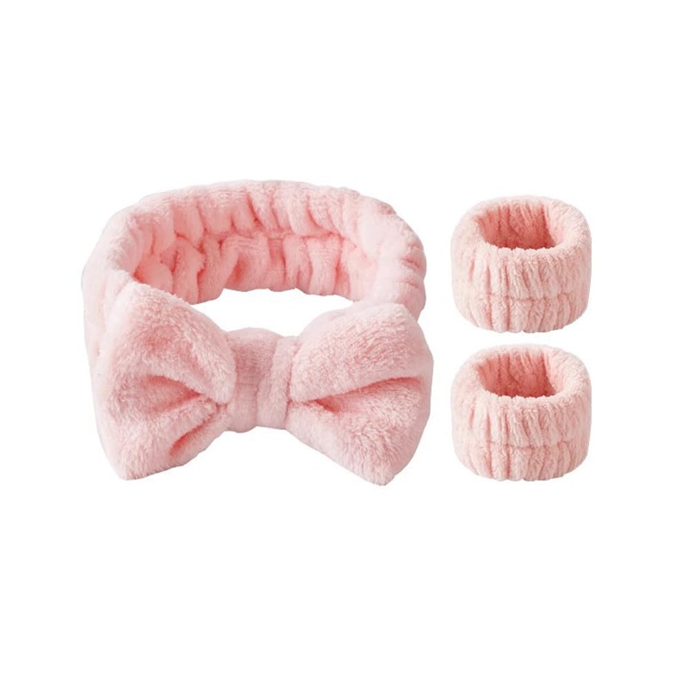 OHAOLYLE Spa Headband Wrist Washband Set Face Wash Wristband Soft Elastic Headband Wrist Bands Skincare Facial Headband Washing Band for Women Girls Makeup Bath Shower (Pink)