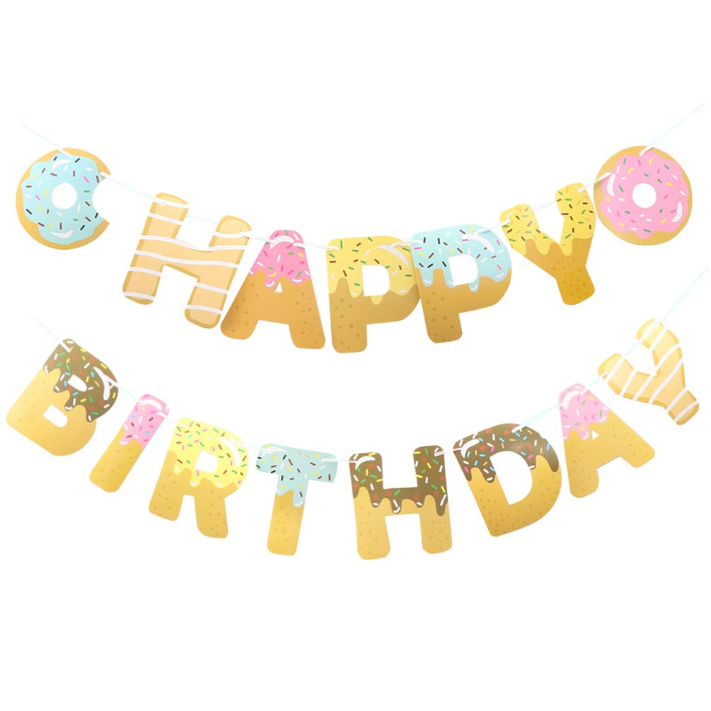 Amosfun Happy Birthday Banner Doughnut Banner Kids Birthday Tea Party Donut Themed Hanging Garland Decoration 2 Sets