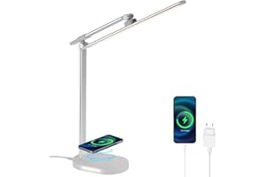 Lightess LED Desk Lamp with Cordless Charger, USB Charging Port, 5 Color Modes & 5 Brightness Level, Dimmable Office Desk Light with Touch Control, Auto Timer, Eye-Caring Desk Lamp for Study, White