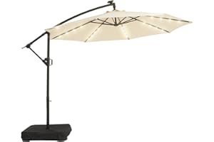 wikiwiki 10FT Solar Patio Offset Umbrella Outdoor Cantilever Umbrella Hanging Umbrellas with Weighted Base, Market Patio Umbrella for Backyard, Garden & Deck, Beige