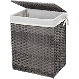 SONGMICS Handwoven Laundry Basket, Synthetic Rattan Wicker Clothes Hamper with Lid and Handles, Foldable, Removable Liner Bag, Stable Iron Frame, 90L, Gray ULCB51WG