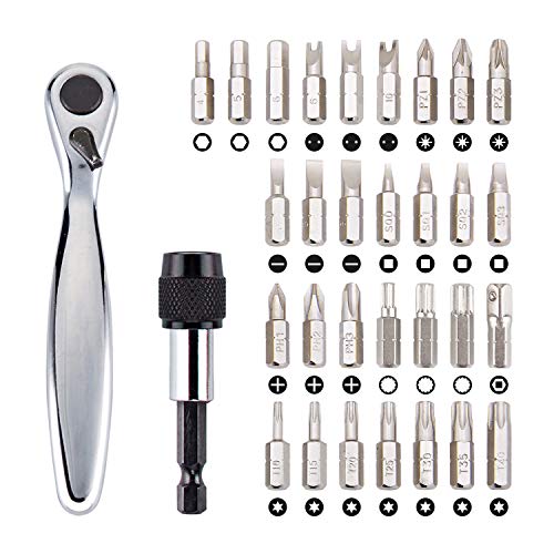 Sharden Ratchet Screwdriver Bit Set, 32 Pcs with Right Angle Offset 1/4" High Torque Driver Handle, Socket Adapter, Extension Bit Holder, S2 Multi Bits for Ratchet Wrench, Screwdriver, Drill