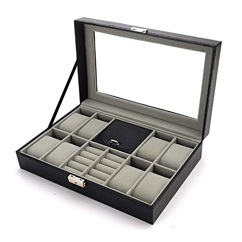 Boby Cufflinks and Watch Box Organizer Watch Case for Men PU Leather for Display Storage Holder for 8 Watches Cufflinks and Rings with Glass Top Black