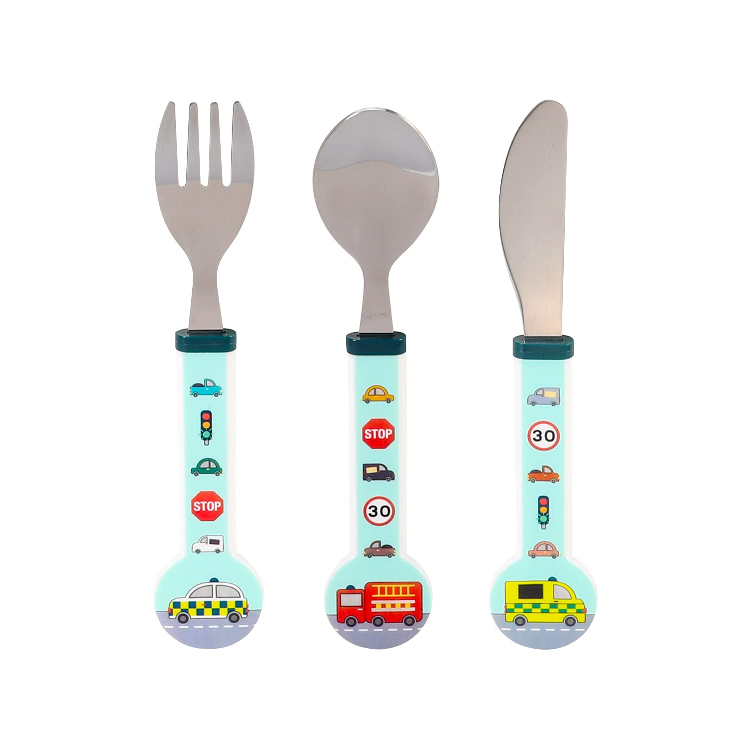 Zawadi Vehicles Children's Kids 3pcs Stainless Steel Cutlery Utensil Set, Knife Fork Spoon