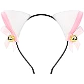 Broeify Pink Cat Ear Headband with Bow and Bell – Fluffy Furry Cosplay Cat Ears Hairband for Girls, Kawaii Anime Costume, Soft Girl Look, Halloween, Party, and Valentine’s Day Accessory