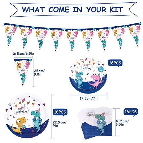 Airich Gebutstag Party Set, 142 Stück Dinosaurier Party Supplies Set Geschirr Set Teller, Tassen, Servietten, Tischdecke… – Bild 3