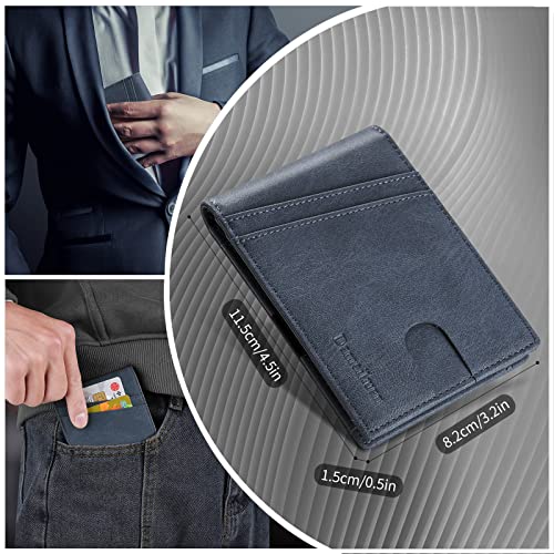 Damaikuan Slim Bifold Front Pocket Wallet For Men Minimalist RFID Blocking Leather Gift Blue 12 Cards Slots 1 ID Window Money Strap