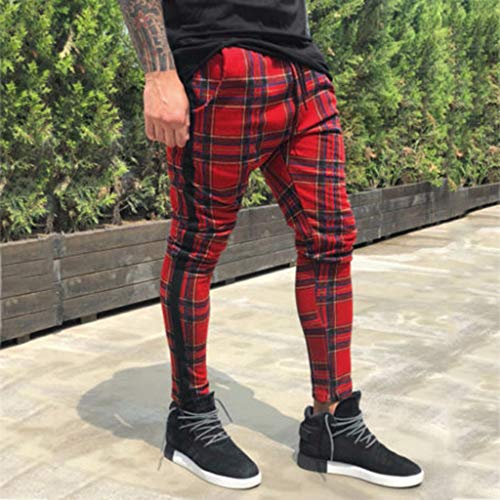 AutumnFall 2019 Men Sportswear Pants Casual Elastic Plaid Mens Fitness Workout Pants Skinny Sweatpants Trousers Jogger Pants (Size:M, Red)