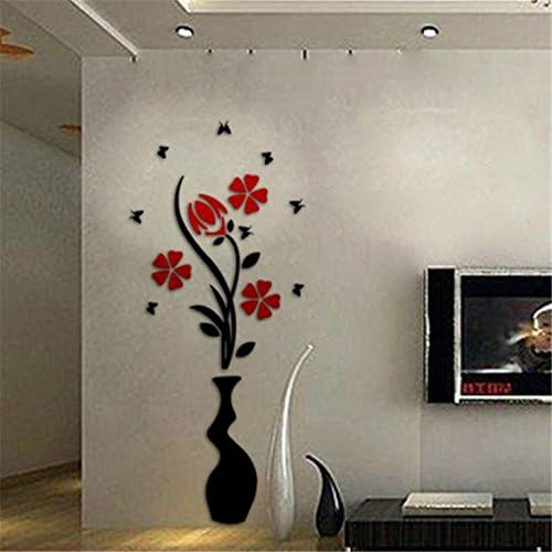 HN DIY Vase Flower Tree Crystal Arcylic 3D Wall Stickers Decal Home Decor (Black)