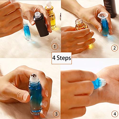 Glass Essential Oil Roller Bottles Empty Bottles 6 Pack with 1 Extra Stainless Steel Roller Ball 8 Black Labels 1 Opener 1 Funnel 1 Dropper (Silver)