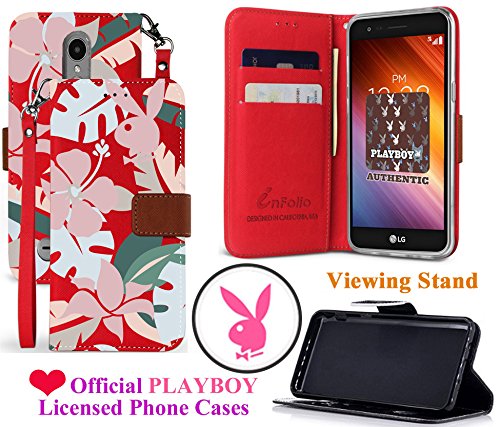 for 5" LG Risio 2 LV3 LG Aristo Case Official PLAYBOY Phone Case Designed Wallet Hybrid Kickstand Pouch Pocket Purse Screen Flip Cover (Leaf Press)