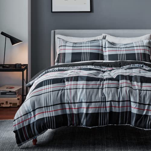 Bedsure Plaid Queen Comforter Set Grid Black and Grey Comforter