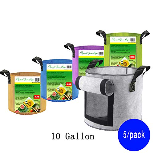 PhysCool 5 Color (5-10 Gallon Set) Premium Felt Plant Grow Bags, Super Strong Fabric with Handles & Observation Window Breathable Smart Garden Planter