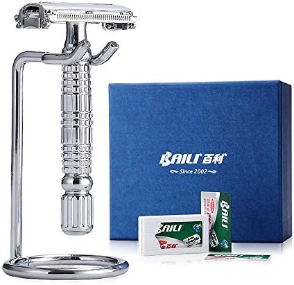 BAILI Safety Razor Butterfly Open Double Edge Shaver Knife +5 Blades +1 Stand Wet Shaving Set for Men Women Silver BD521L