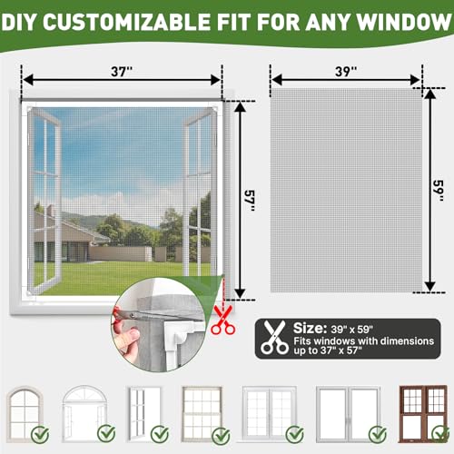 HOFUDON Window Screen Adjustable Magnetic Moustiquaire Magnétique Replacement Max 39" x 59"（100cm x 150cm), DIY Fiberglass Mesh Window Screens for House Windows White Frame Grey Mesh