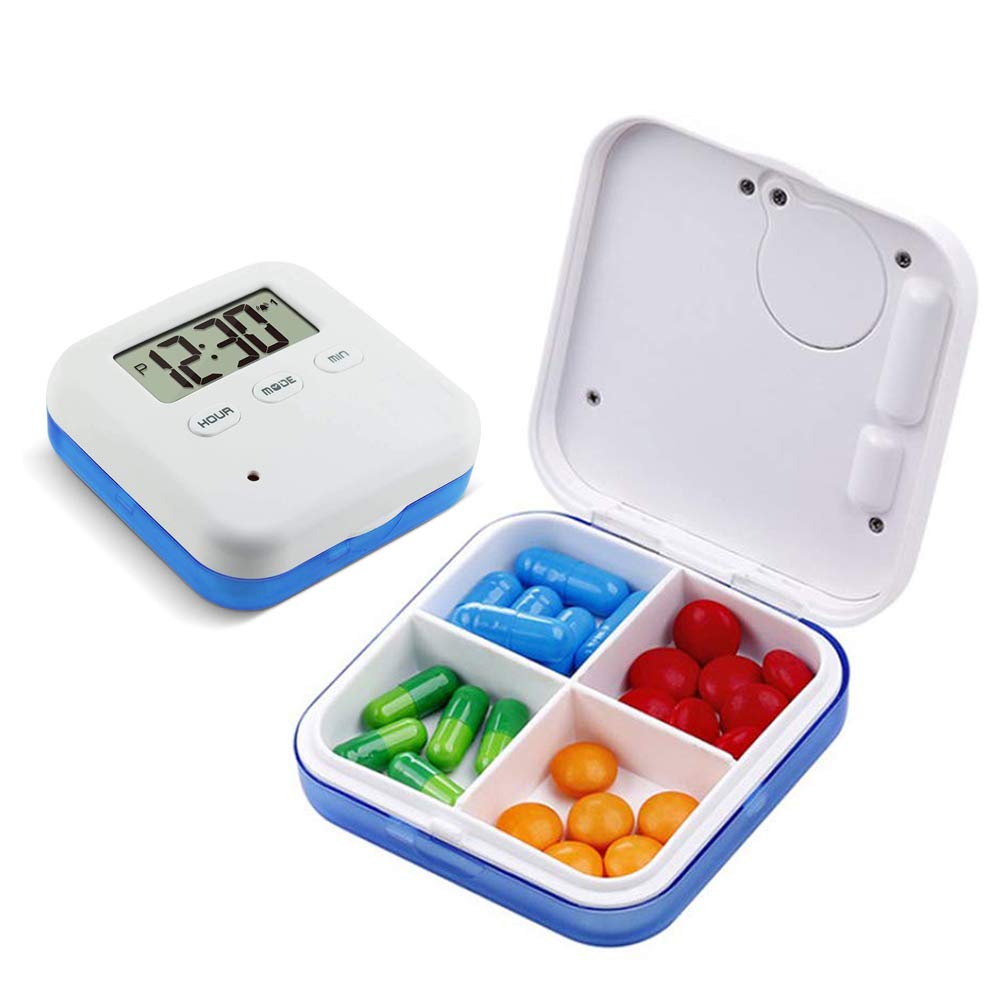 Hanguang Pill Box, 4 Compartment Intelligent Sealed Alarm Pill Box, Mini Portable Electronic Pill Timer-Reminder-Dispenser with Digital Screen for Vitamins, Cod Liver Oil, Supplements and Medication