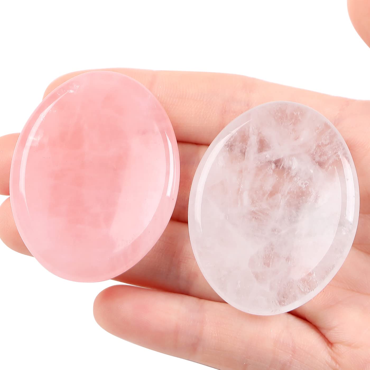 XIANNVXI 2Pcs Crystal Stones Healing Crystals Thumb Worry Stones Rose Quartz Clear Quartz Gemstones Natural Polished Oval Palm Pocket Stone for Anxiety Stress Relief Meditation