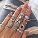 POYDORA 15 Pcs Vintage Flower Knuckle Ring Set Bohemian Retro Black Rhinestone Joint Knuckle Nail Midi Ring Finger Rings Set
