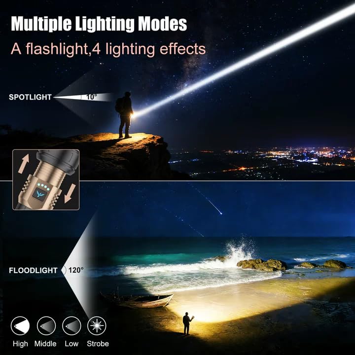 SKYFIRE Tactical LED Torch Ultra Powerful 50000 Lumens - Adjustable Zoom, Ignition Lens, 4 Lighting Modes, Powerbank Function, IPX6 Waterproof for Outdoor, Camping (Black and Gold)