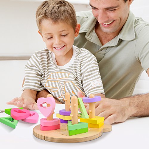 image for Peradix Wooden Puzzle Toddler Educational Toys Shapes Sorter Stacking 
