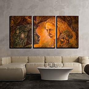 3 Piece Canvas Wall Art - Illustration - Woodland Dryade Fairy and Golden Man of Learning, Fairytale Illustration. - Modern Home Art Stretched and Framed Ready to Hang - 16"x24"x3 Panels