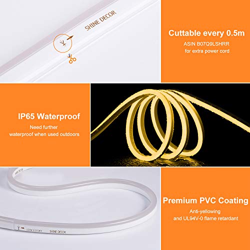 Shine Decor 50ft 110V Dimmable LED Neon Light, 3000K Cuttable Warm White LED Neon Rope Lights, 2835 LED Strip 120LEDs/M, IP65 Waterproof Neon Lighting, for Indoor Outdoor Decoration(7x14.5mm)