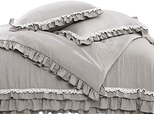 White lace ruffle comforter set for a room, priced at $146.29 as of August 9, 2023.