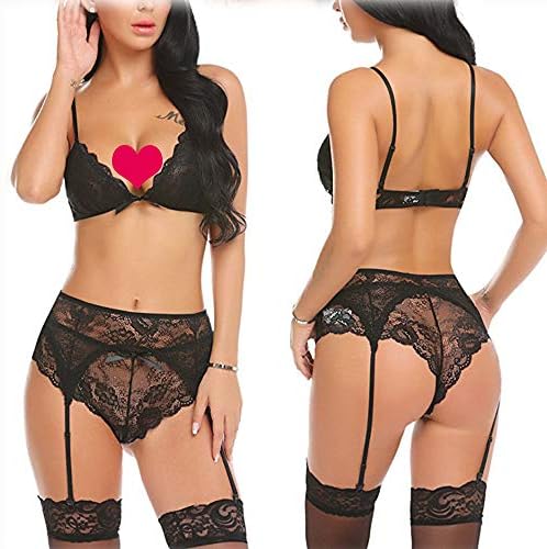 Sexy Women Exotic Lingerie Set Black Lace Nightwear Garter Belt with Stocking