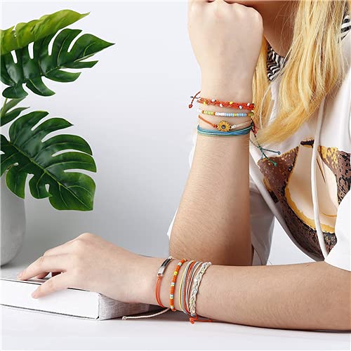 ISWAKI 8Pcs Sunflower Bracelets Hand String Bracelets Handmade Braided Rope Charms Boho Summer Beach Bracelet for Women Girls (Keep Fucking Going)…