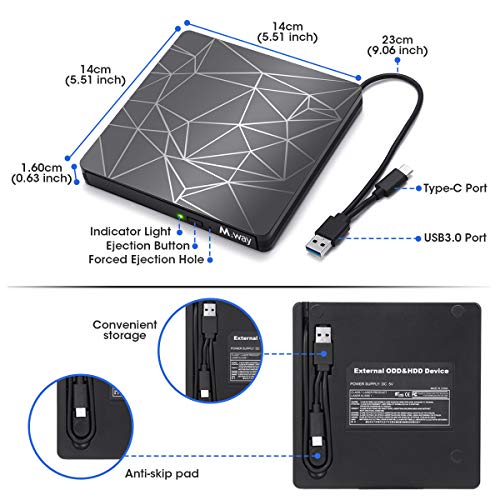 External DVD Drive, M WAY USB 3.0 External CD Player, Portable USB C DVD CD RW Optical Drive, DVD CD ROM USB Burner Writer, for Laptop PC Mac MacBook Pro Air OS Windows 7 8 10 Linux