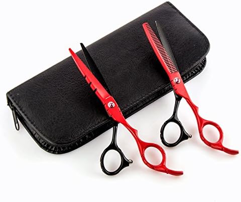 EXBE Professional Stainless Steel Hair Cutting Shears Set Ultra-Sharp Hair Scissors - 6.5" with Black Leather Case (Set black&red)