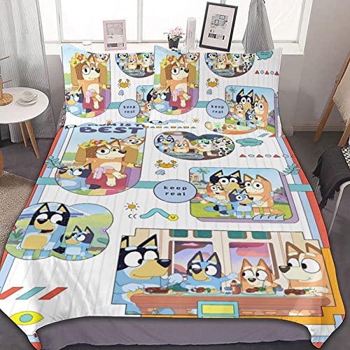 Cartoon Bluey Bed Set Cute for Kids Girls Boys 3 Pieces 2 Pillowcases