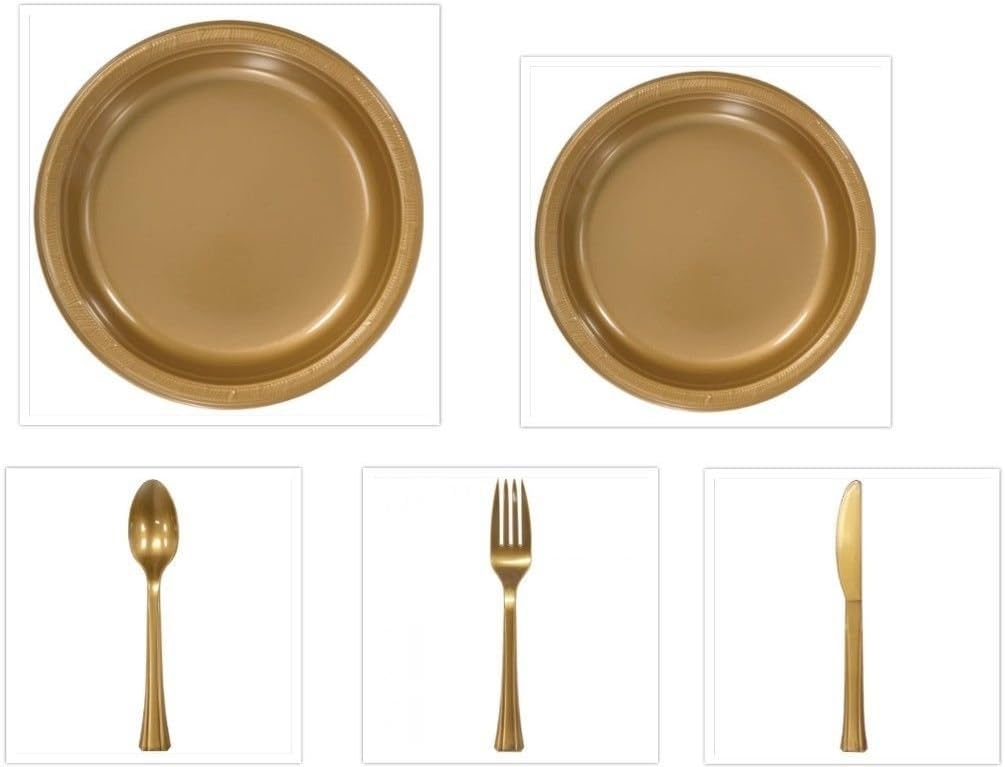 Gold Plastic 10" Dinner Plates + 7" Salad Plates + CutleryCase of 100