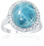 Sterling Silver Ring with Oval Larimar and Round White CZ (BTS-NRB6611/LR/CZWH/R) - Size 7.25