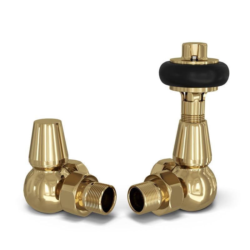 UK Radiators Polished Brass Finish Thermostatic Radiator Valve and Corner Lockshield - Polished Brass Finish - Traditional Design 1/2" x 15mm Wooden Head Corner Radiator TRV — image 1