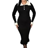 Vaceky Ruffle Sweater Dress Womens Pearl Button Bell Long Sleeve Ribbed Knit Bodycon Midi Dresses