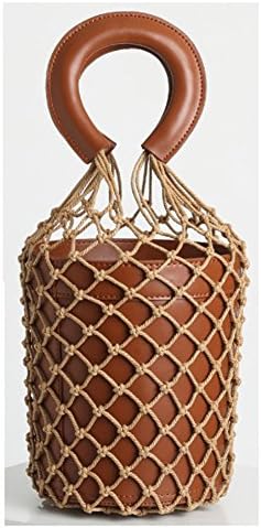 ACTLURE Women Genuine Leather Netting Bucket Saddle Purse Top Handle Bag (Brown)